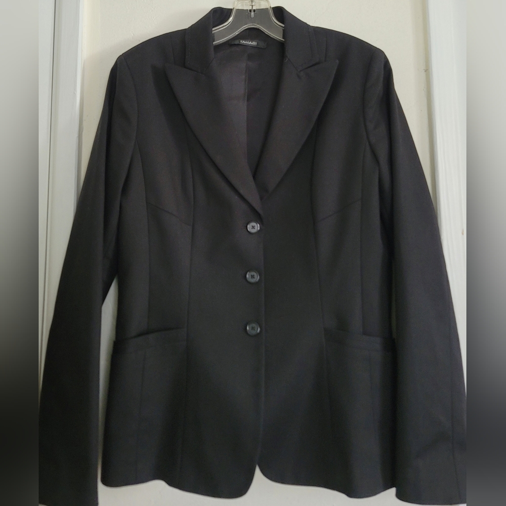 Tahari True Black Stretch Cotton Three Button Career Blazer Size Large - Picture 2 of 14